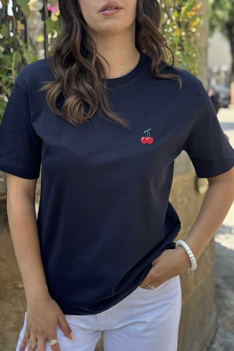 CHERRY LOGO ONE COLOR ROUND NECK WOMEN T-SHIRT DARK BLUE/BEE - 4