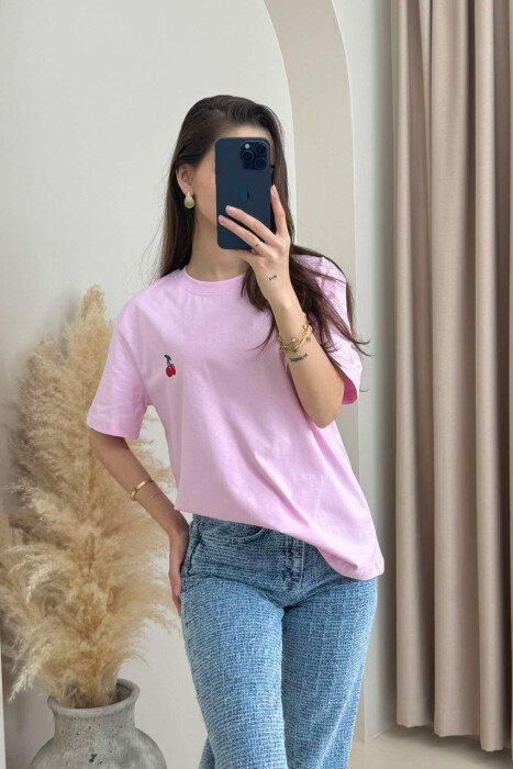 CHERRY LOGO ONE COLOR ROUND NECK WOMEN T-SHIRT PINK/ROZE - 1