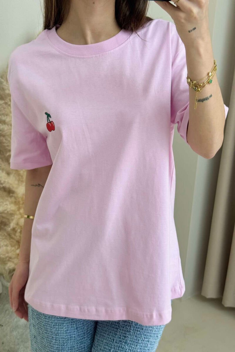 CHERRY LOGO ONE COLOR ROUND NECK WOMEN T-SHIRT PINK/ROZE - 3