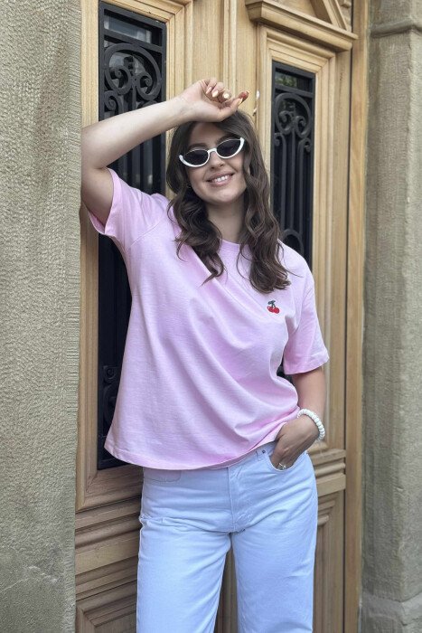 CHERRY LOGO ONE COLOR ROUND NECK WOMEN T-SHIRT PINK/ROZE - 2