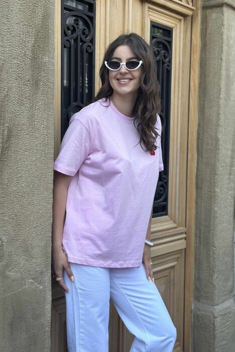 CHERRY LOGO ONE COLOR ROUND NECK WOMEN T-SHIRT PINK/ROZE - 8
