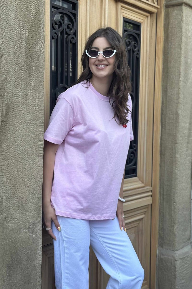 CHERRY LOGO ONE COLOR ROUND NECK WOMEN T-SHIRT PINK/ROZE - 8