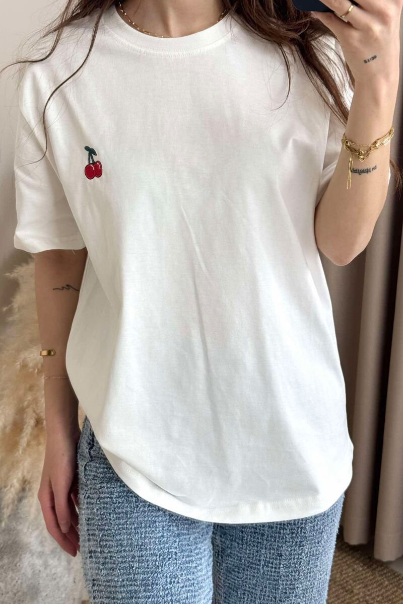 CHERRY LOGO ONE COLOR ROUND NECK WOMEN T-SHIRT WHITE-E BARDHE - 2