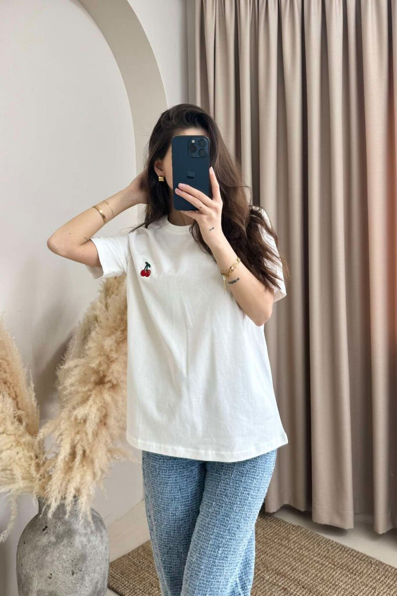 CHERRY LOGO ONE COLOR ROUND NECK WOMEN T-SHIRT WHITE-E BARDHE - 1