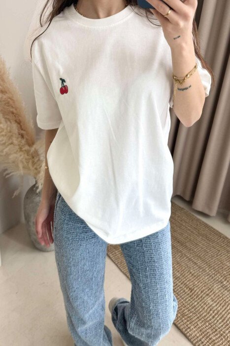 CHERRY LOGO ONE COLOR ROUND NECK WOMEN T-SHIRT WHITE-E BARDHE - 6
