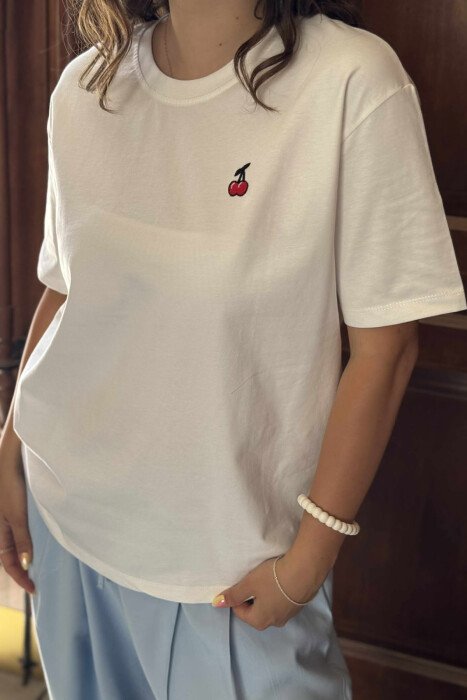 CHERRY LOGO ONE COLOR ROUND NECK WOMEN T-SHIRT WHITE-E BARDHE - 7
