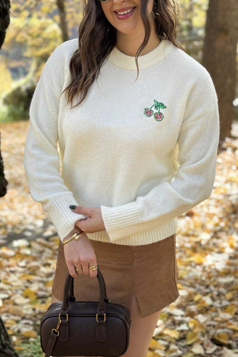 CHERRY LOGO ROUND NECK WOMEN SWEATER CREAM/KREM - 4
