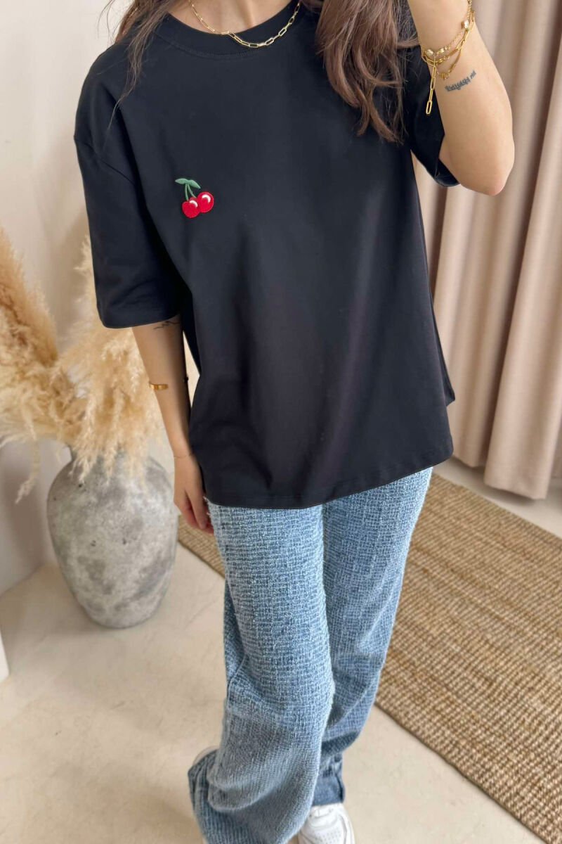 CHERRY PRINT ROUND NECK WOMEN T-SHIRT BLACK/ E ZEZE - 2