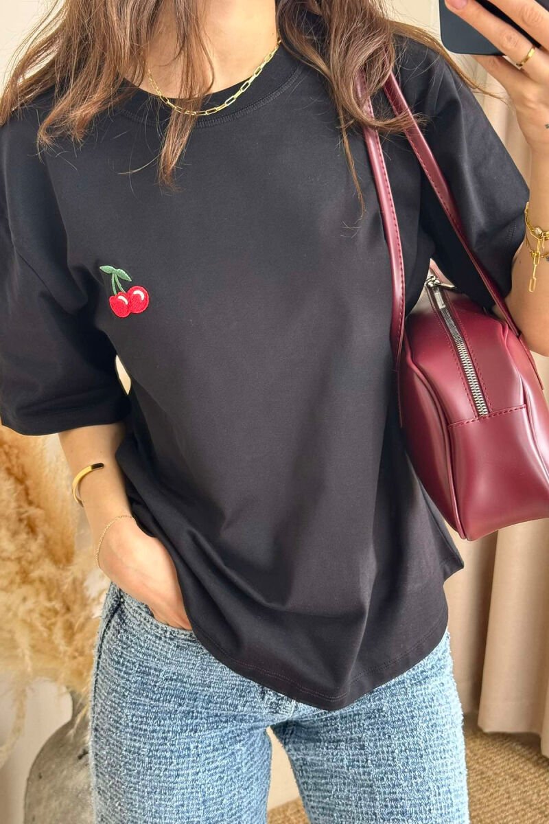 CHERRY PRINT ROUND NECK WOMEN T-SHIRT BLACK/ E ZEZE - 3
