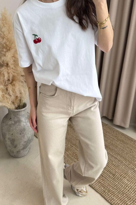 CHERRY PRINT ROUND NECK WOMEN T-SHIRT WHITE-E BARDHE - 2