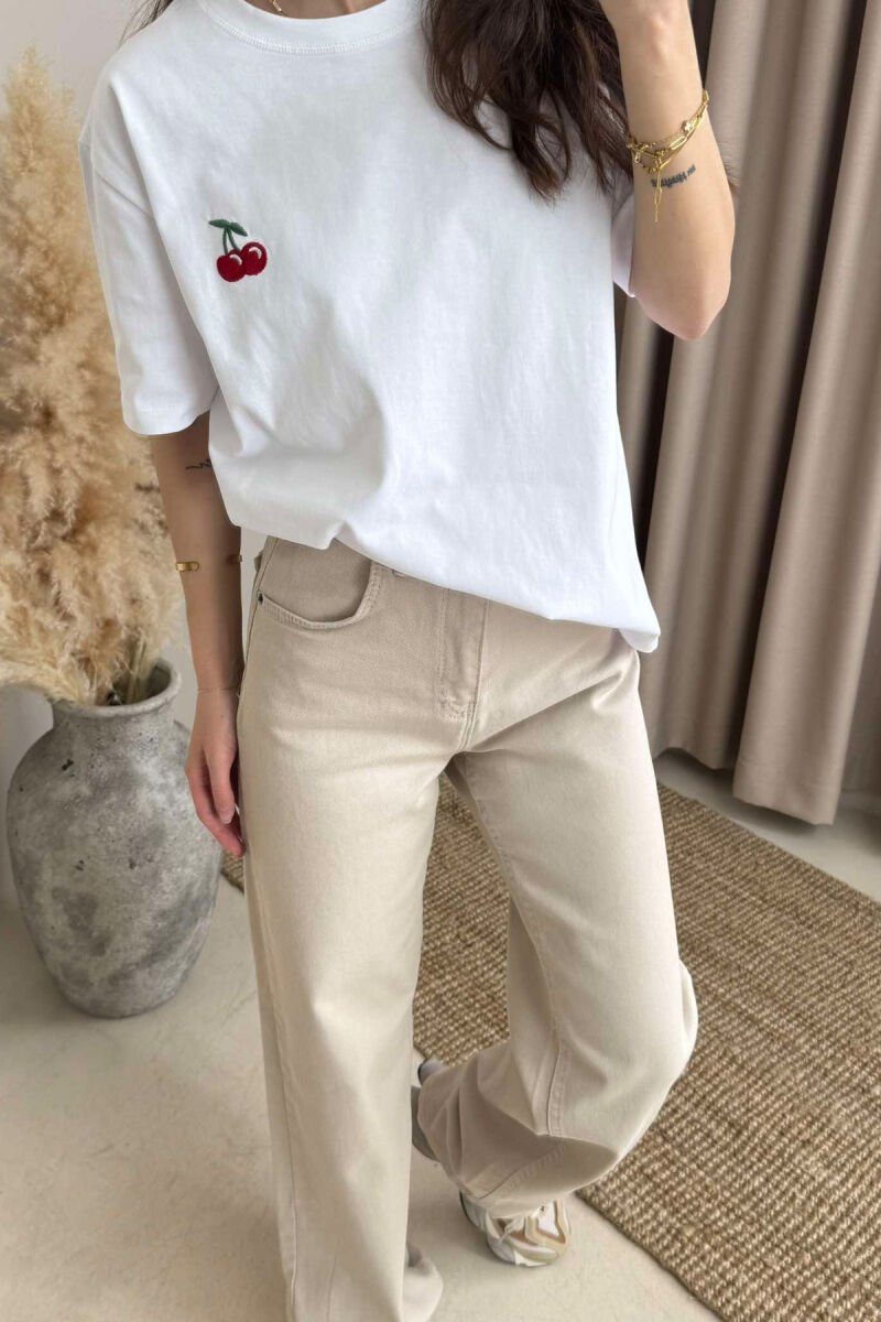 CHERRY PRINT ROUND NECK WOMEN T-SHIRT WHITE-E BARDHE - 2