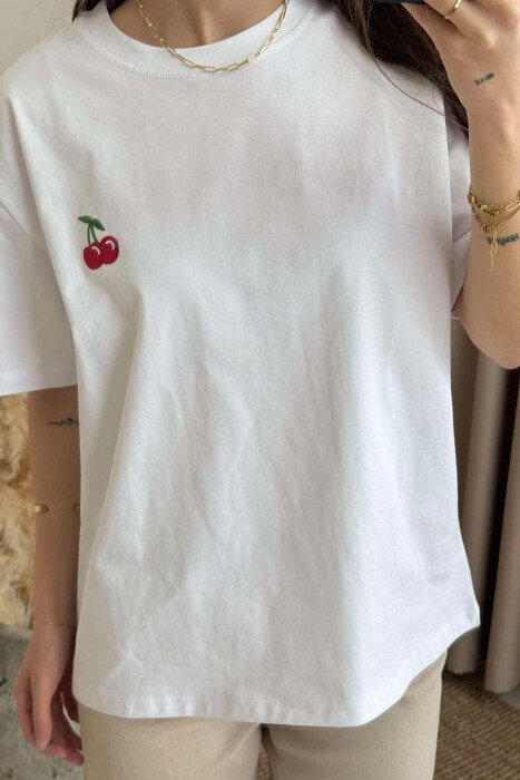 CHERRY PRINT ROUND NECK WOMEN T-SHIRT WHITE-E BARDHE - 3
