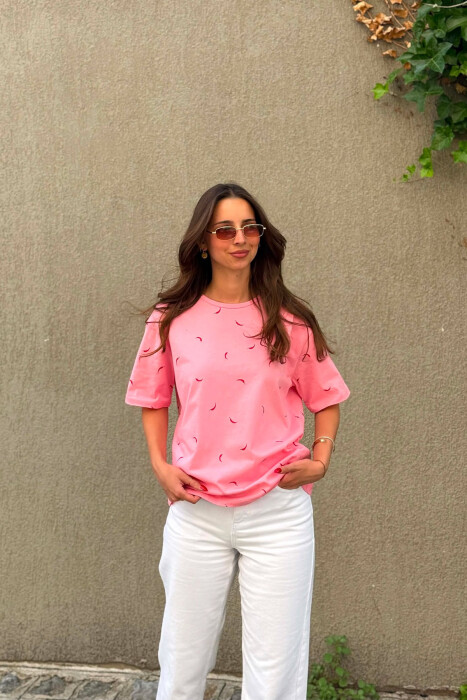 CHILI PEPPER PRINT ONE COLOR WOMAN T-SHIRT PINK/ROZE - KLAUDIO FASHION