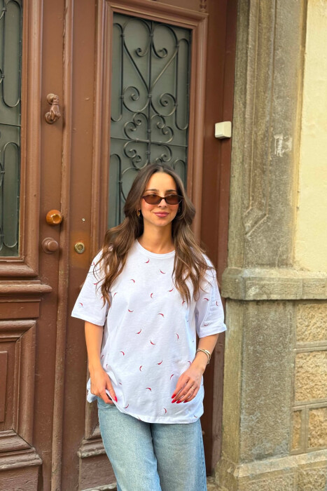 CHILI PEPPER PRINT ONE COLOR WOMAN T-SHIRT WHITE-E BARDHE - KLAUDIO FASHION
