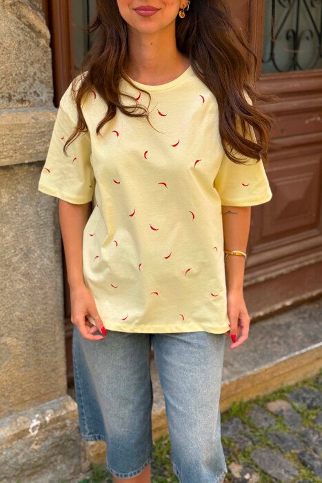 CHILI PEPPER PRINT ONE COLOR WOMAN T-SHIRT YELLOW/E VERDHE - 3