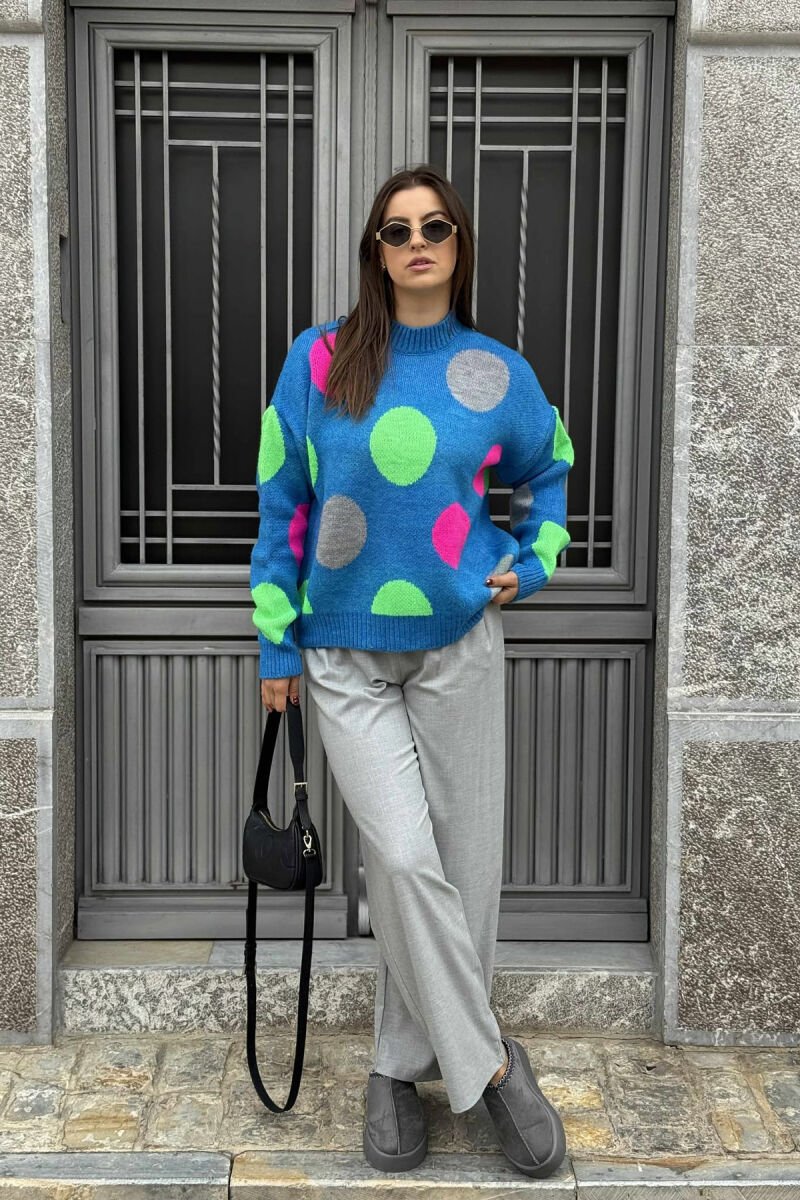 CIRCLES DESIGN HIGH NECK WOMEN SWEATER BLUE/BLU - 1