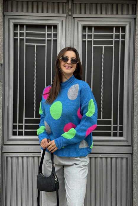 CIRCLES DESIGN HIGH NECK WOMEN SWEATER BLUE/BLU - 2