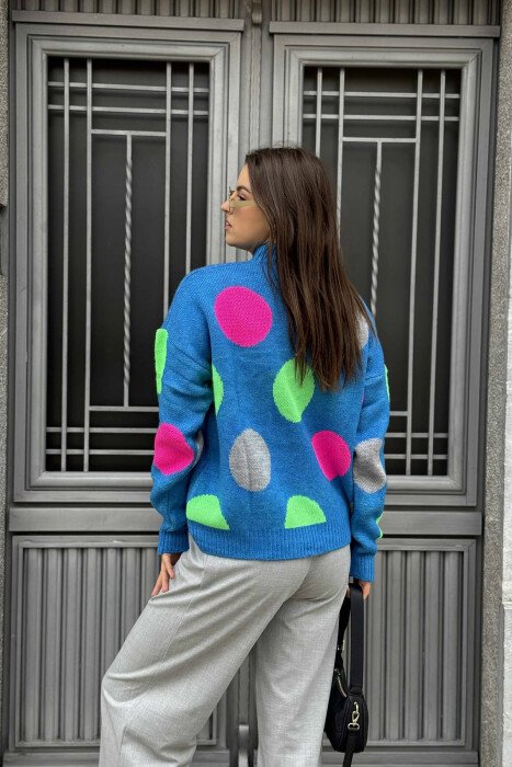 CIRCLES DESIGN HIGH NECK WOMEN SWEATER BLUE/BLU - 3