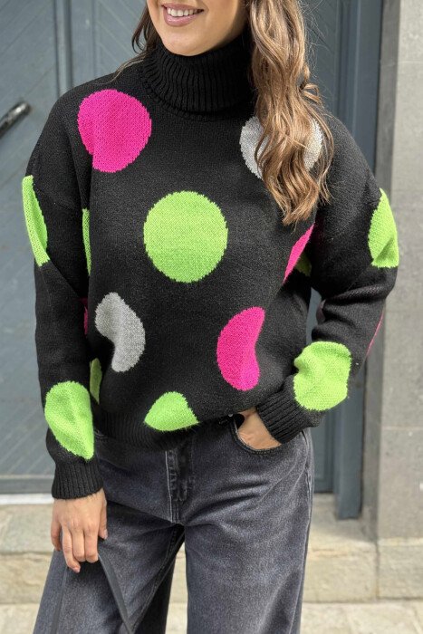 CIRCLES DESIGN TURTLE NECK WOMEN SWEATER BLACK/ E ZEZE - 4