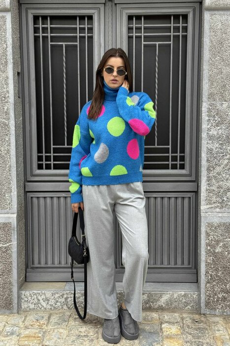 CIRCLES DESIGN TURTLE NECK WOMEN SWEATER BLUE/BLU - 1