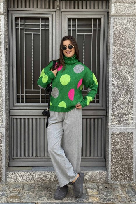CIRCLES DESIGN TURTLE NECK WOMEN SWEATER GREEN/JESHILE 