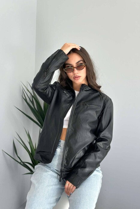 XHEKETË LËKURË NJË NGJYRËSHE PËR FEMRA NË NGJYRËN E ZEZË - KLAUDIO FASHION