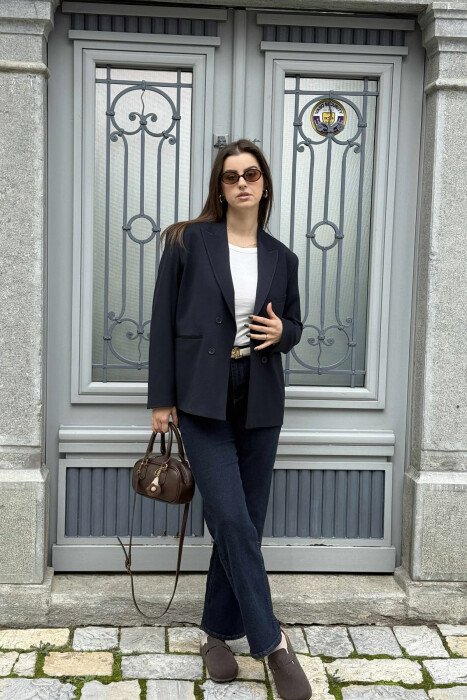 CLASSIC BLACK BUTTON- SLEEVE WOMEN JACKET DARK BLUE/BEE - 1