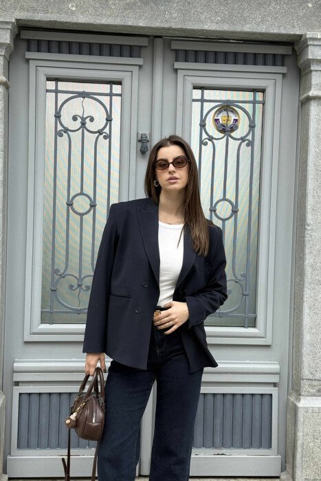 CLASSIC BLACK BUTTON- SLEEVE WOMEN JACKET DARK BLUE/BEE - 3