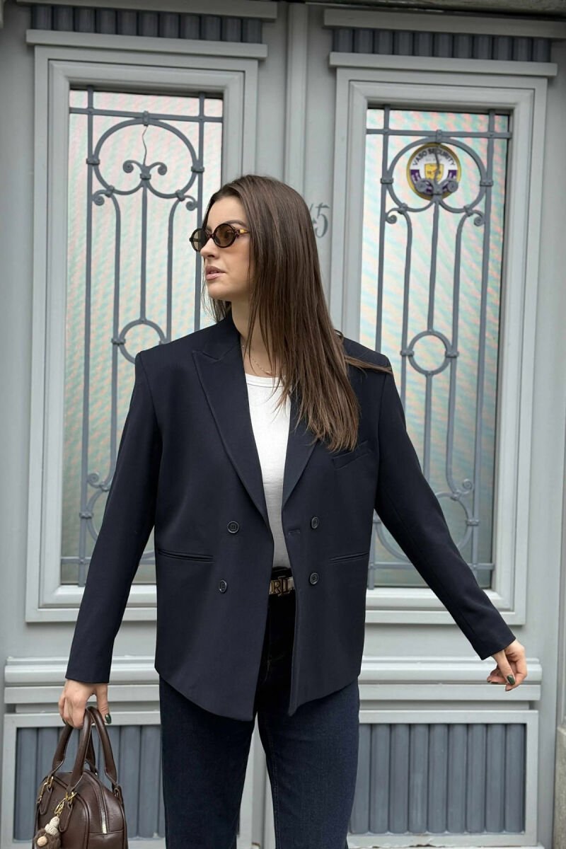 CLASSIC BLACK BUTTON- SLEEVE WOMEN JACKET DARK BLUE/BEE - 4