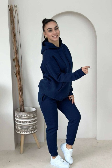 KOSTUM PAMBUKU ME PUSH NJË NGJYRËSHE PËR FEMRA NË NGJYRËN BLU TË ERRËT - KLAUDIO FASHION