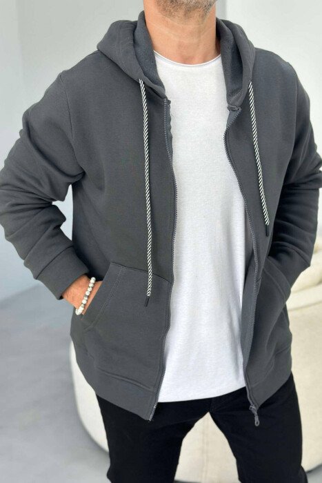 COTTON ONE COLOR SIMPLE MEN HOODIES DARK GREY/GEE - KLAUDIO FASHION