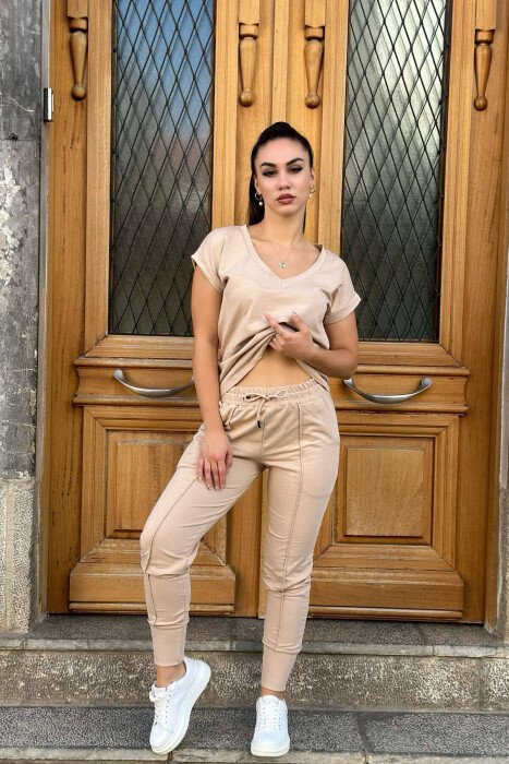 COTTON ONE COLOR V NECK WOMAN SET BEIGE/BEZHE - KLAUDIO FASHION