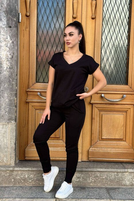 COTTON ONE COLOR V NECK WOMAN SET BLACK/ E ZEZE - KLAUDIO FASHION