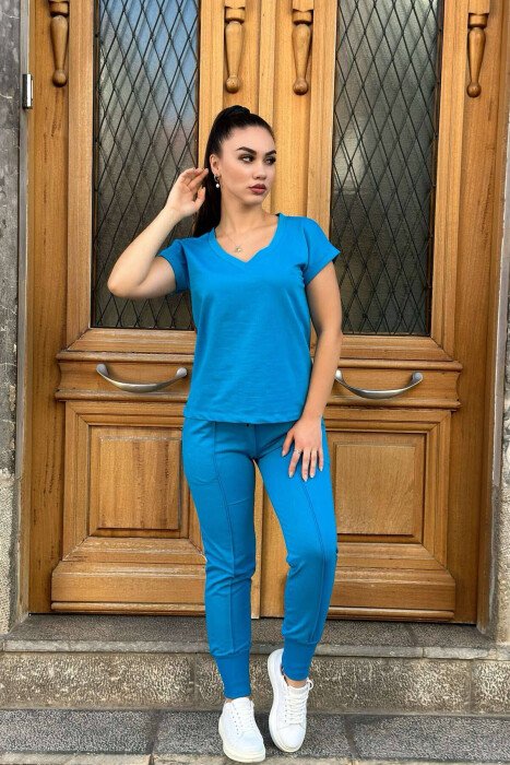 COTTON ONE COLOR V NECK WOMAN SET BLUE STONE/GK - KLAUDIO FASHION