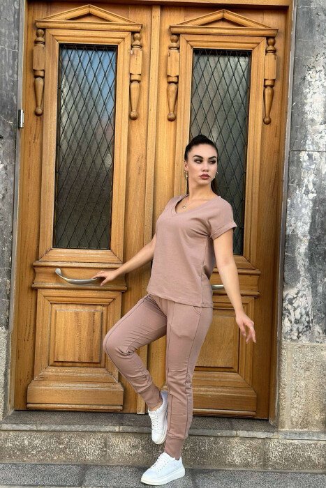 COTTON ONE COLOR V NECK WOMAN SET DARK BEIGE/BEZHE ERRET - KLAUDIO FASHION