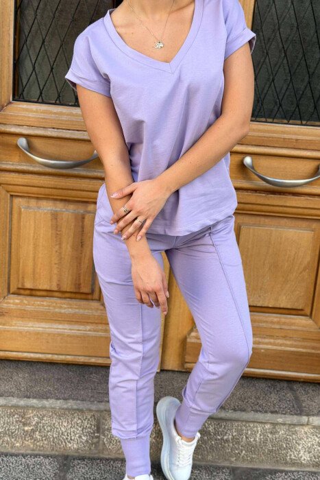 COTTON ONE COLOR V NECK WOMAN SET LIGHT PURPLE/LEZB - KLAUDIO FASHION