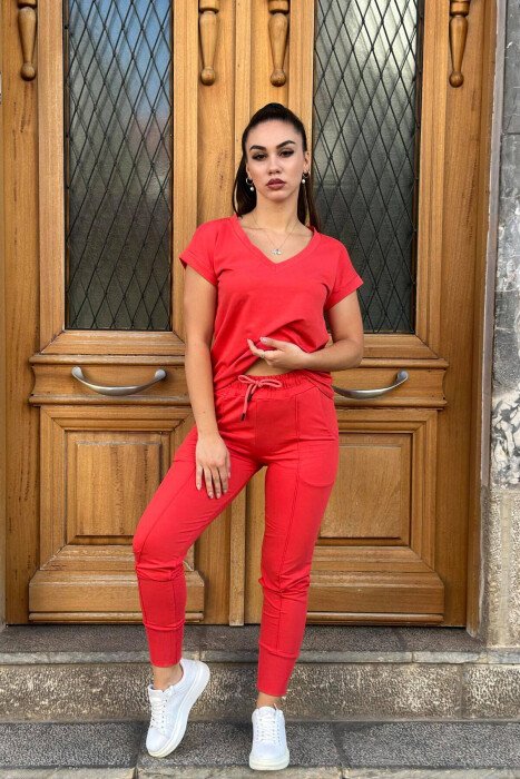 COTTON ONE COLOR V NECK WOMAN SET ORANGE/PORTOKALLI - KLAUDIO FASHION