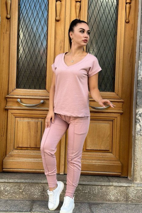 COTTON ONE COLOR V NECK WOMAN SET POWDER/PUDER - KLAUDIO FASHION
