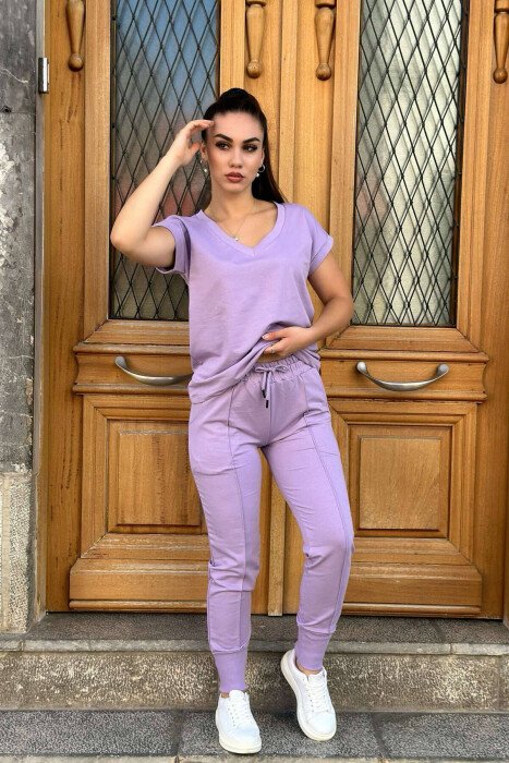 COTTON ONE COLOR V NECK WOMAN SET PURPLE/LEJLA - KLAUDIO FASHION