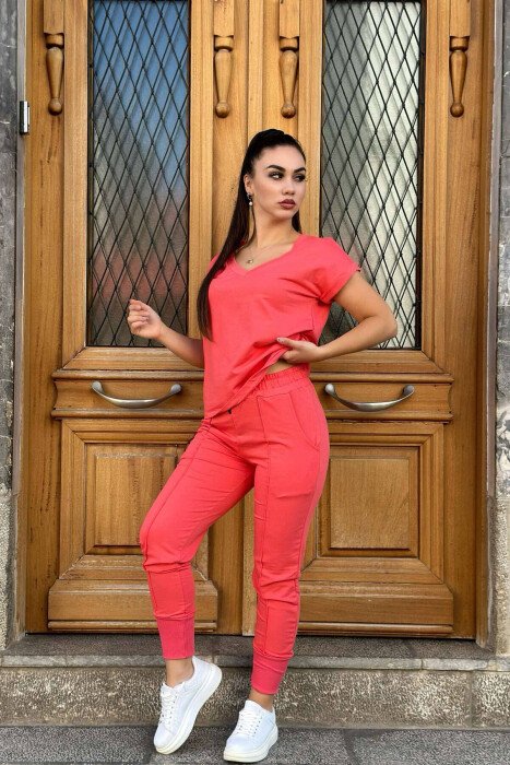 COTTON ONE COLOR V NECK WOMAN SET SALMON/SALMON - KLAUDIO FASHION