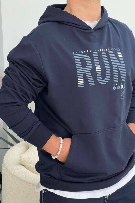 COTTON WRITTINGS ONE COLOR MEN HOODIE BLUE/BLU - KLAUDIO FASHION