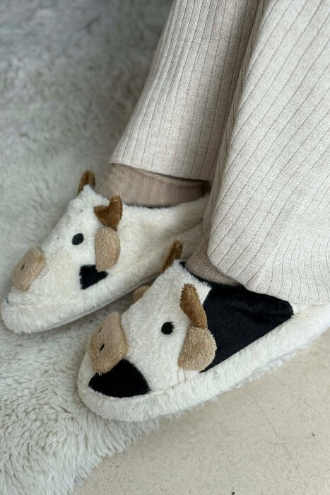 COW FACE TEDDY WOMAN SLIPPERS WHITE-BLACK/BAZE - 1