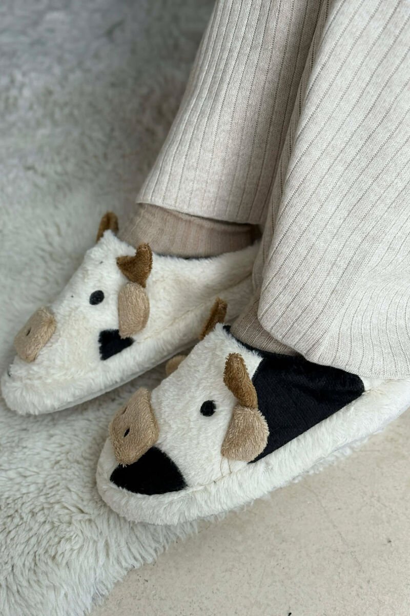 COW FACE TEDDY WOMAN SLIPPERS WHITE-BLACK/BAZE - 1