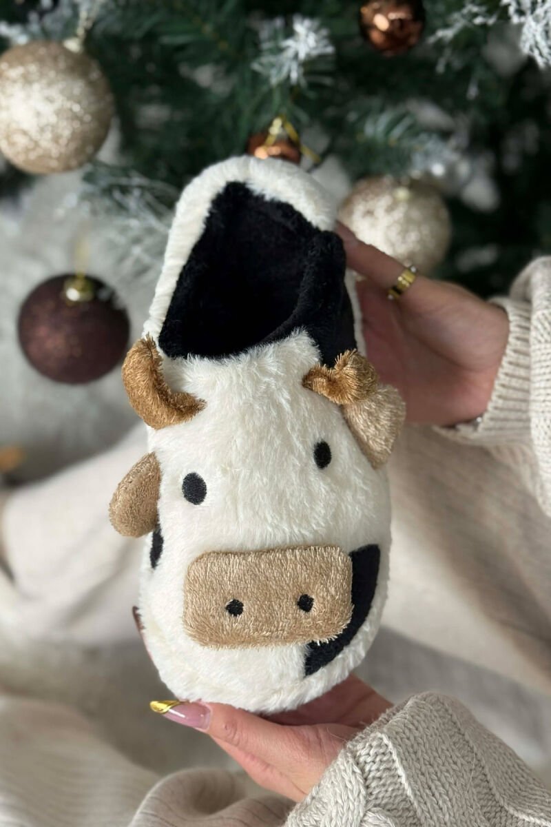 COW FACE TEDDY WOMAN SLIPPERS WHITE-BLACK/BAZE - 5