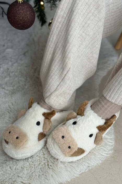 COW FACE TEDDY WOMAN SLIPPERS WHITE-BROWN/BAKA - KLAUDIO FASHION