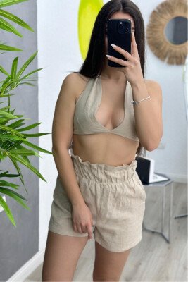 CROP + SHORT TROUSERS LINEN WOMAN SET CREAM/KREM - KLAUDIO FASHION