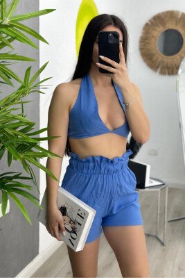 CROP + SHORT TROUSERS LINEN WOMAN SET LIGHTBLUE/BZ - KLAUDIO FASHION