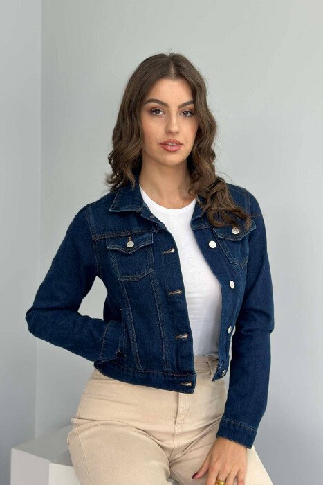 CROPPED DENIM WOMEN JACKET DARK BLUE/BEE - KLAUDIO FASHION