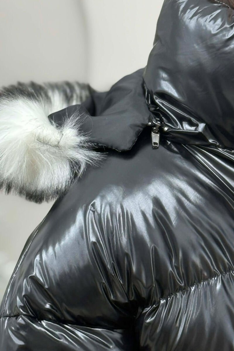 CROPPED FAUX FUR HOODED WOMEN PUFFER JACKET BLACK/ E ZEZE - 3