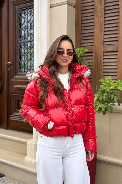 CROPPED FAUX FUR HOODED WOMEN PUFFER JACKET RED/E KUQE - KLAUDIO FASHION